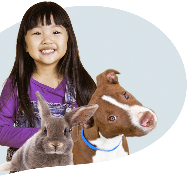 A smiling girl with a dog and a bunny looking at you.